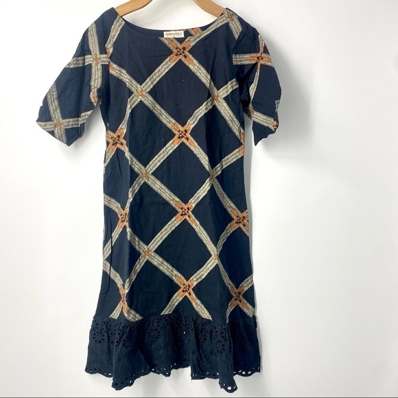 Bombay Paisley cotton linen lace hem short sleeved shift dress M - Picture 3 of 10